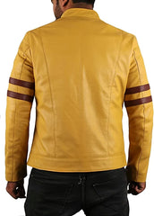 Men’s Yellow Lambskin Leather Motorcycle Jacket with Brown Stripes MJ061