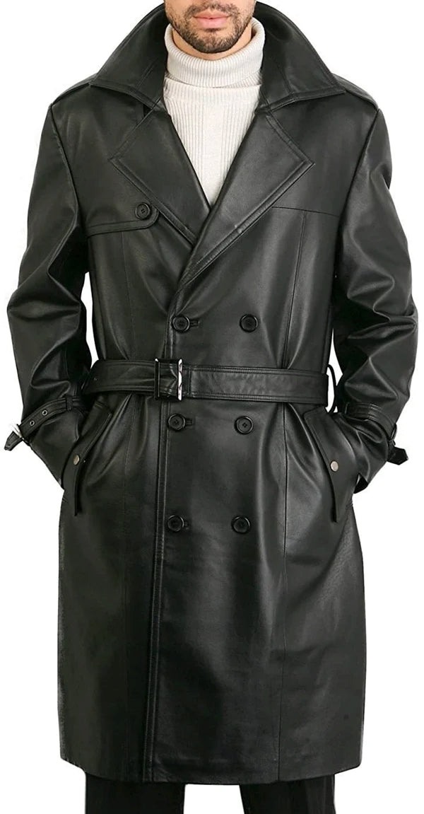 Men’s Double Breasted Black Lambskin Leather Trench Coat MC22