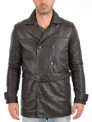 Men's Double Breasted Black Leather Trench Coat MC21