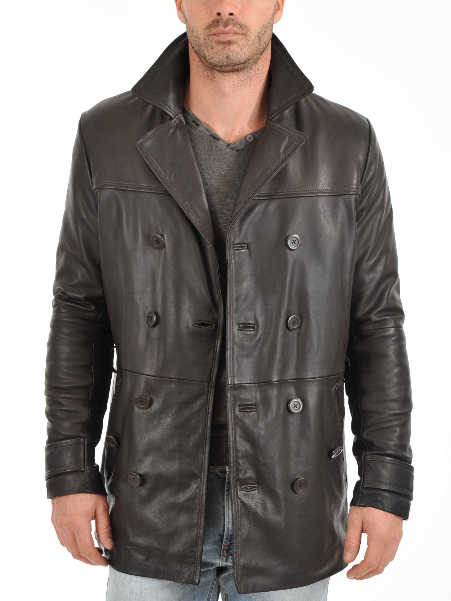 Men's Double Breasted Black Leather Trench Coat MC21