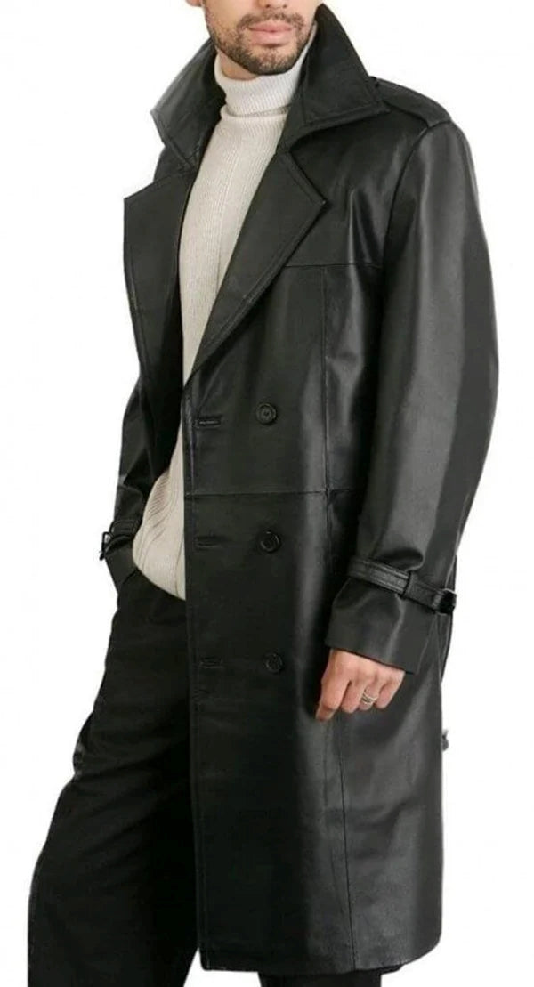 Men’s Double Breasted Black Lambskin Leather Trench Coat MC22