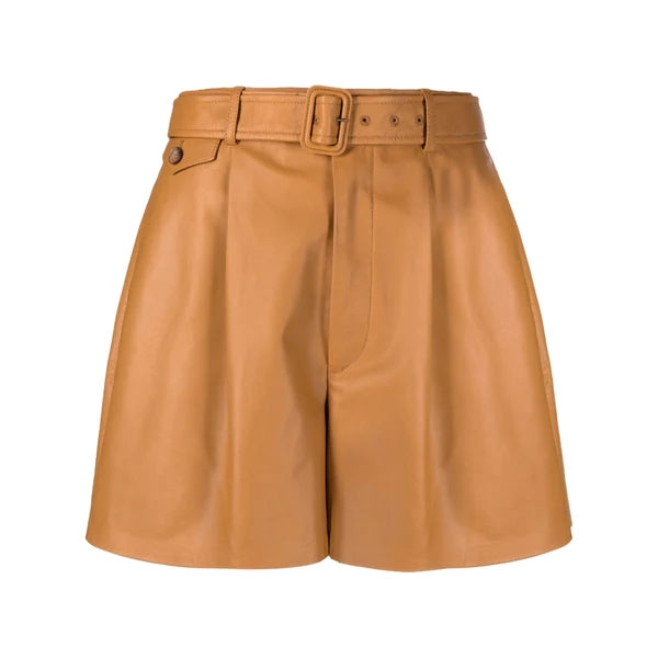 Women's High Waisted Tan Lambskin Leather Shorts WH14