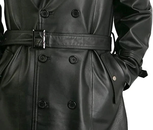 Men’s Double Breasted Black Lambskin Leather Trench Coat MC22