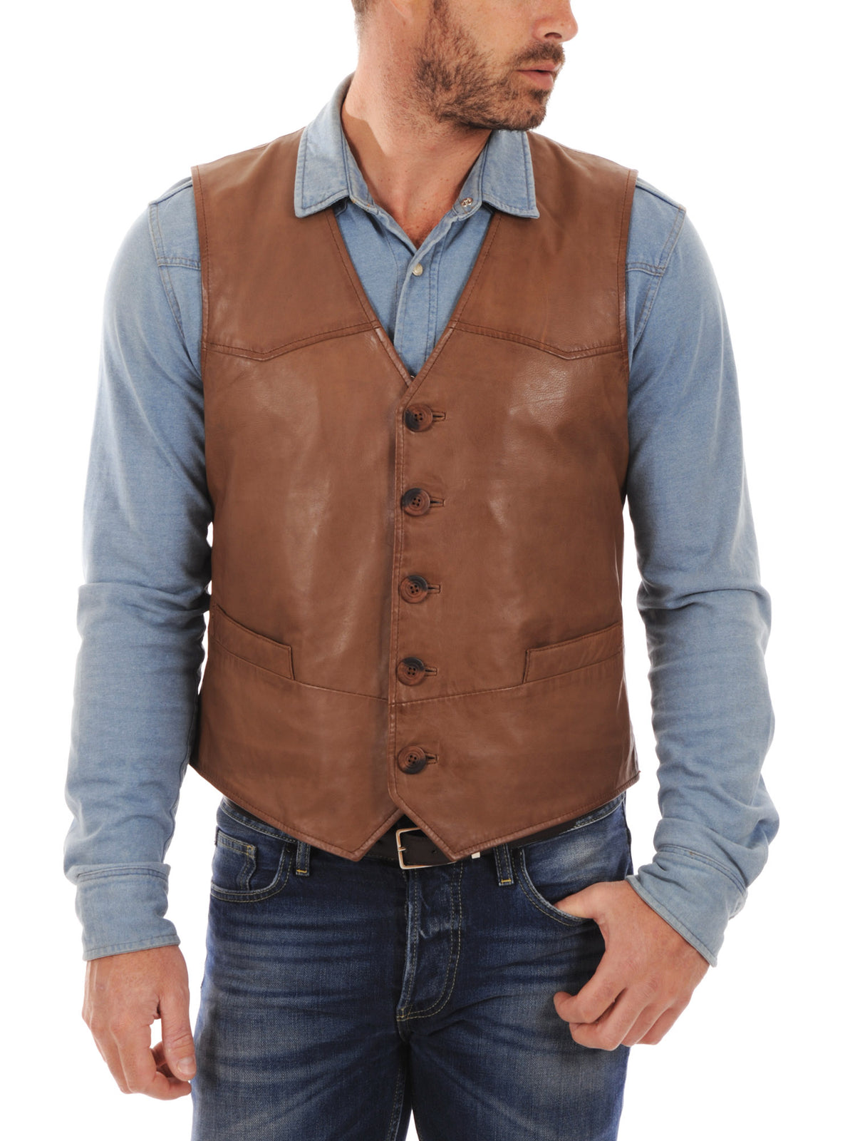 Men's Urban Slim Fit Brown Leather Vest MV09