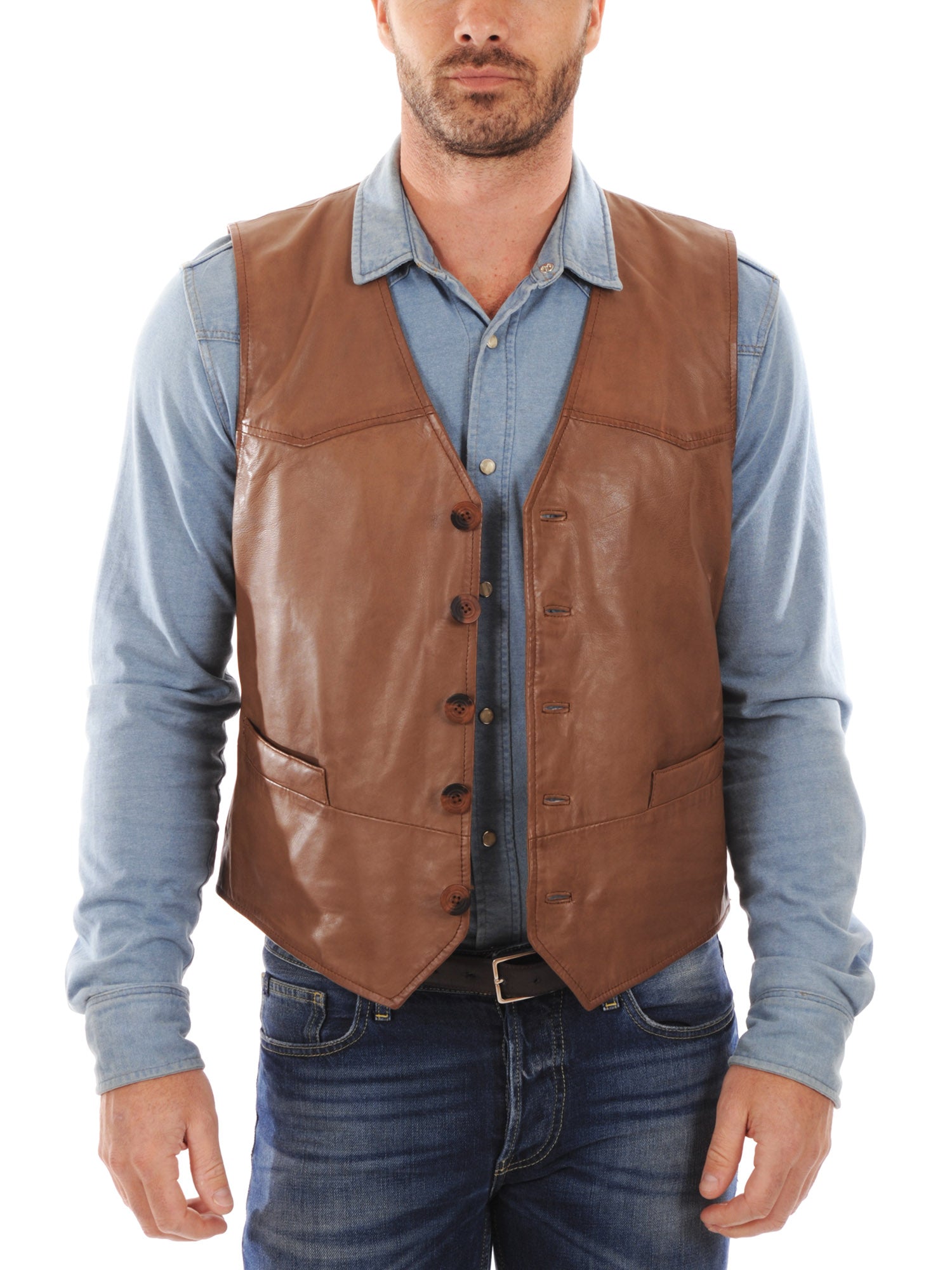 Men's Urban Slim Fit Brown Leather Vest MV09