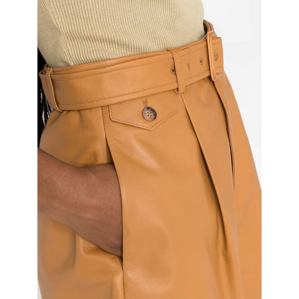 Women's High Waisted Tan Lambskin Leather Shorts WH14