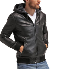 Men's Genuine Leather Bomber Jacket with Hoodie MZ09