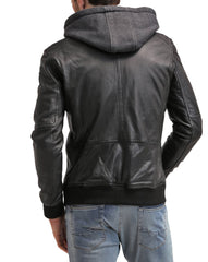 Men's Genuine Leather Bomber Jacket with Hoodie MZ09