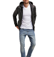 Men's Genuine Leather Bomber Jacket with Hoodie MZ09