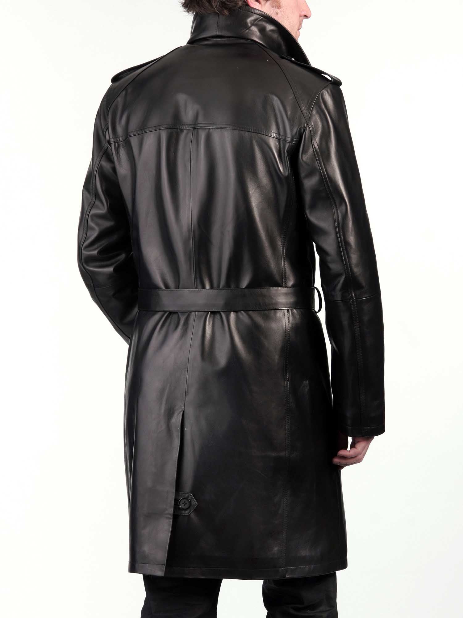 Men's Black Leather Knee Length Trench Coat MC01