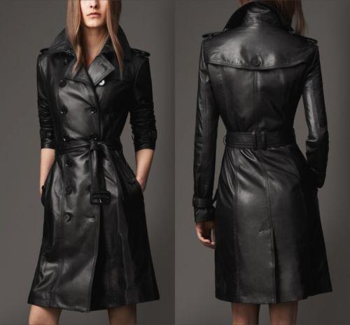 Women Genuine Leather Black Full Length Trench Coat TC03