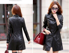 Women's Black Leather Mid Length Trench Coat TC05