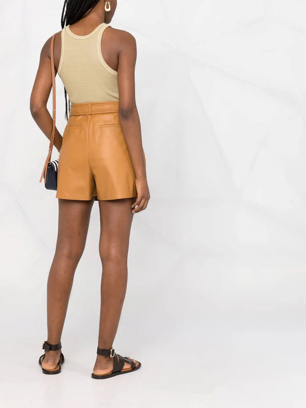 Women's High Waisted Tan Lambskin Leather Shorts WH14