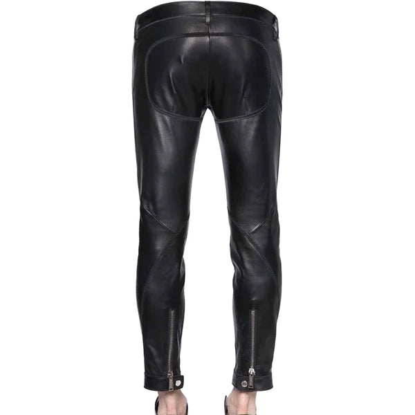 Men’s Lambskin Leather Stylish Pants with Zipper Details MP40