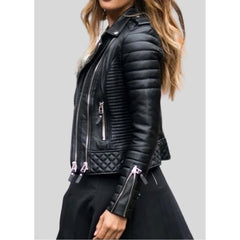 Women’s Lambskin Leather Quilted Motorcycle Jacket WJ070