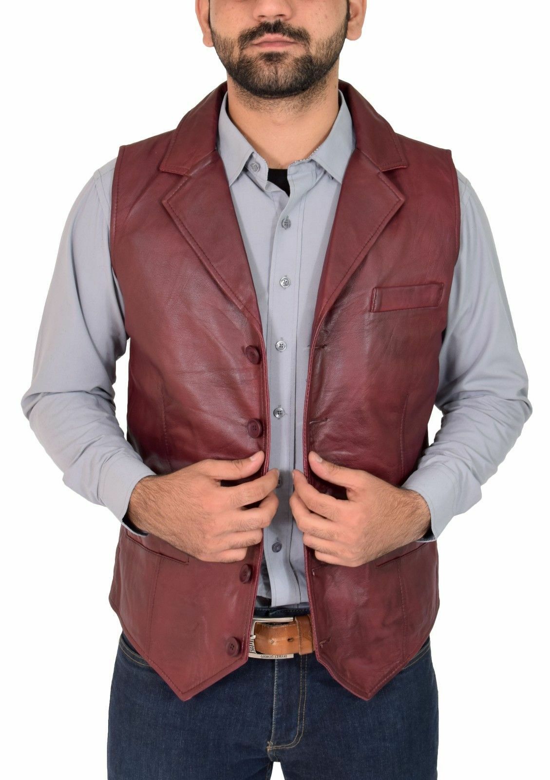 Men's Slim Fit Burgundy Leather Vest MV10