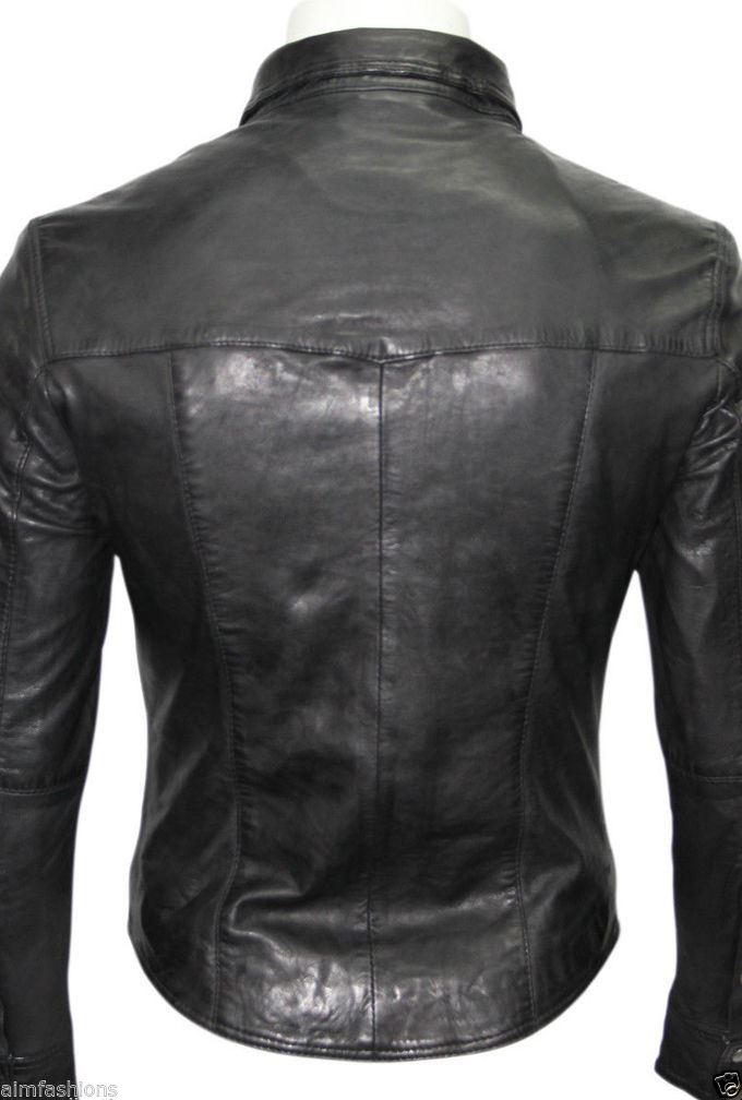 Men's Black Leather Slim Fit Snap Button Shirt MS02