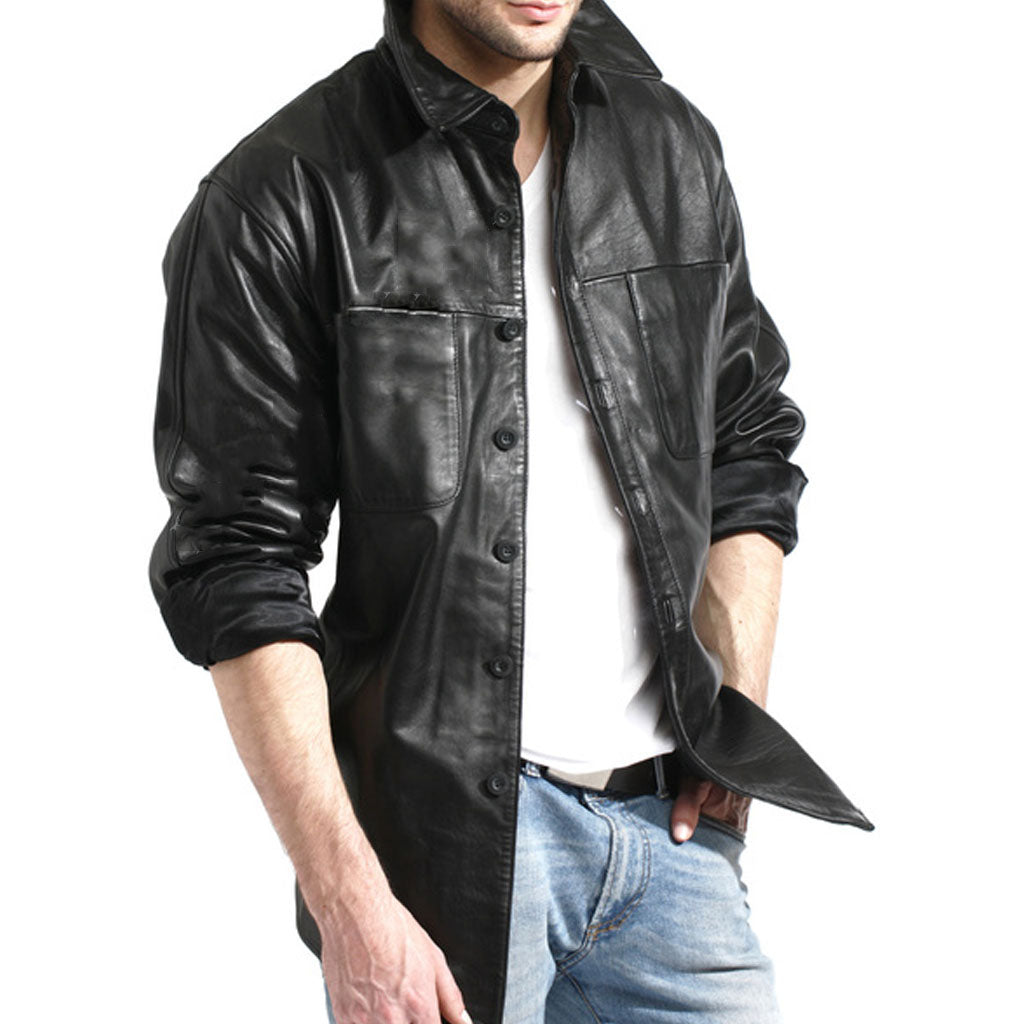 Men's Black Leather Slim Fit Stylish Modern Shirt MS21