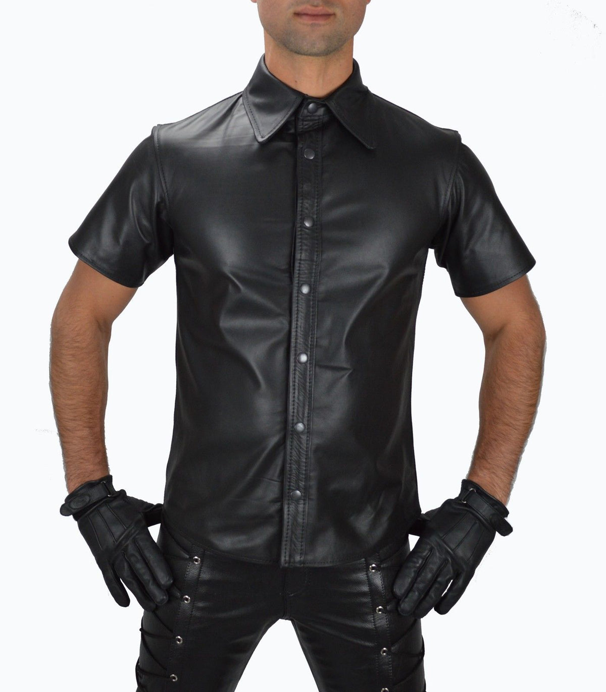 Men's Short Sleeve Black Leather Shirt MS23