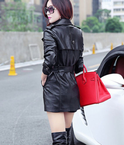 Women's Real Leather Mid Length Trench Coat TC09