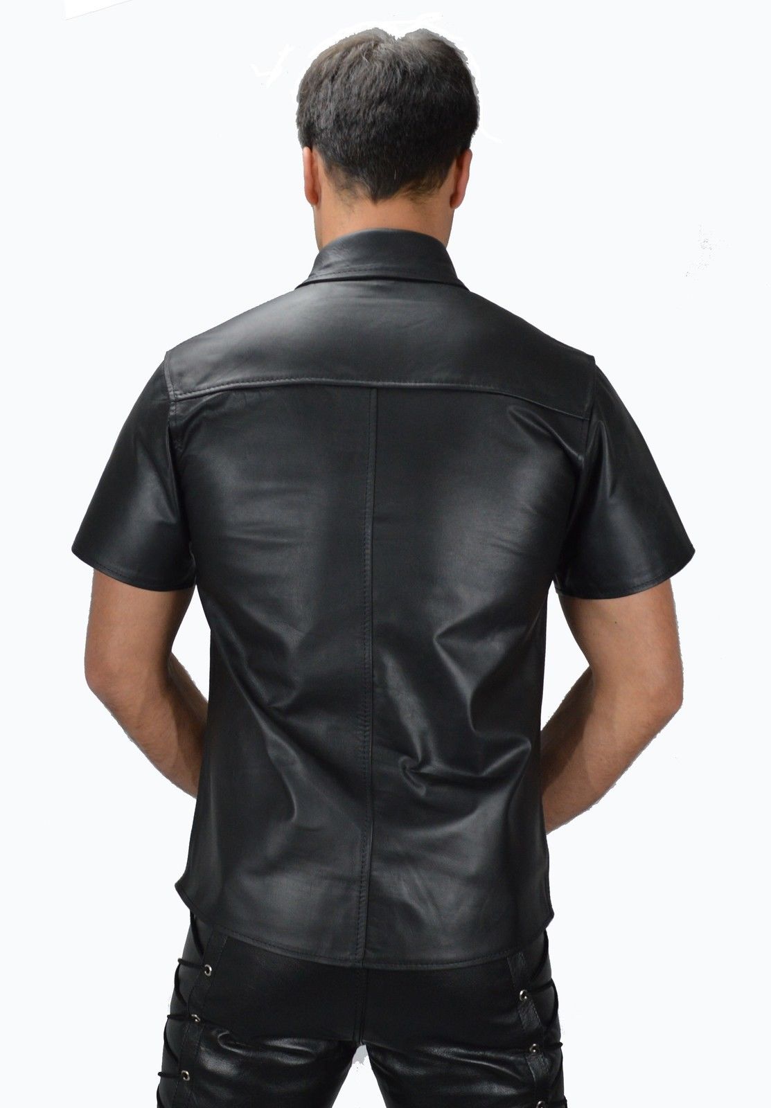 Men's Short Sleeve Black Leather Shirt MS23