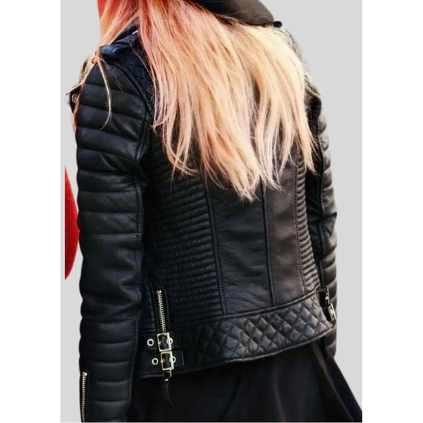 Women’s Lambskin Leather Quilted Motorcycle Jacket WJ070