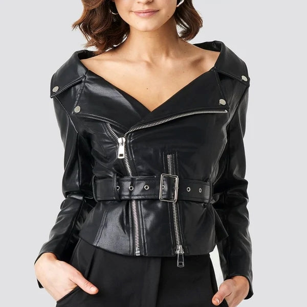 Women's Cropped Lambskin Leather Belted Moto Jacket WJ071