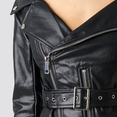 Women's Cropped Lambskin Leather Belted Moto Jacket WJ071