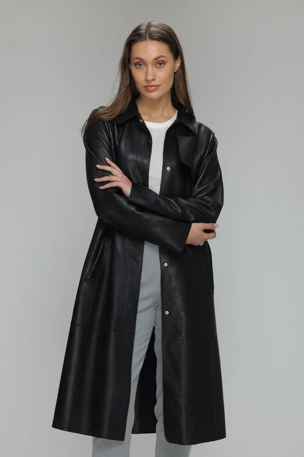 Women’s 100% Lambskin Leather Knee Length Long Coat TC31