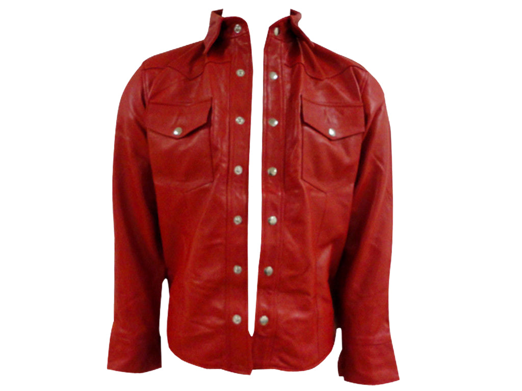 Men's Red Leather Slim Fit Shirt with Snap Button Accents MS03