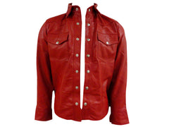 Men's Red Leather Slim Fit Shirt with Snap Button Accents MS03