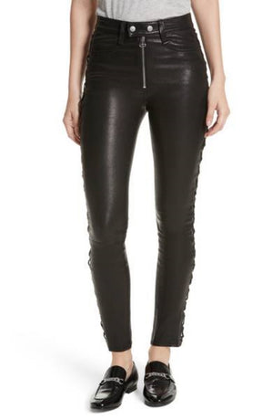 Women's Black Leather Laced Pants WP06