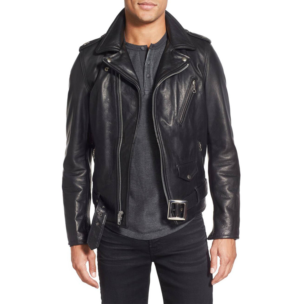 Men's Black Leather Buckled Motorcycle Jacket MJ031