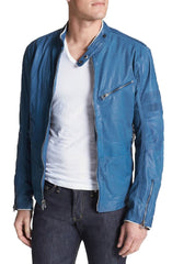 Men's Blue Leather Motorcycle Jacket MJ037