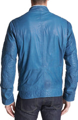 Men's Blue Leather Motorcycle Jacket MJ037