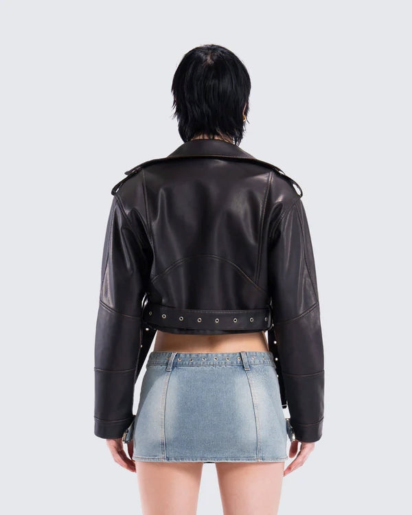 Women’s Lamb Leather Cropped Motorcycle Jacket WJ076