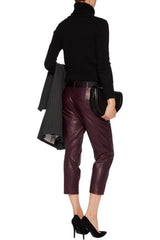 Women's Slim Fit Skinny Burgundy Leather Capri Pants WP23