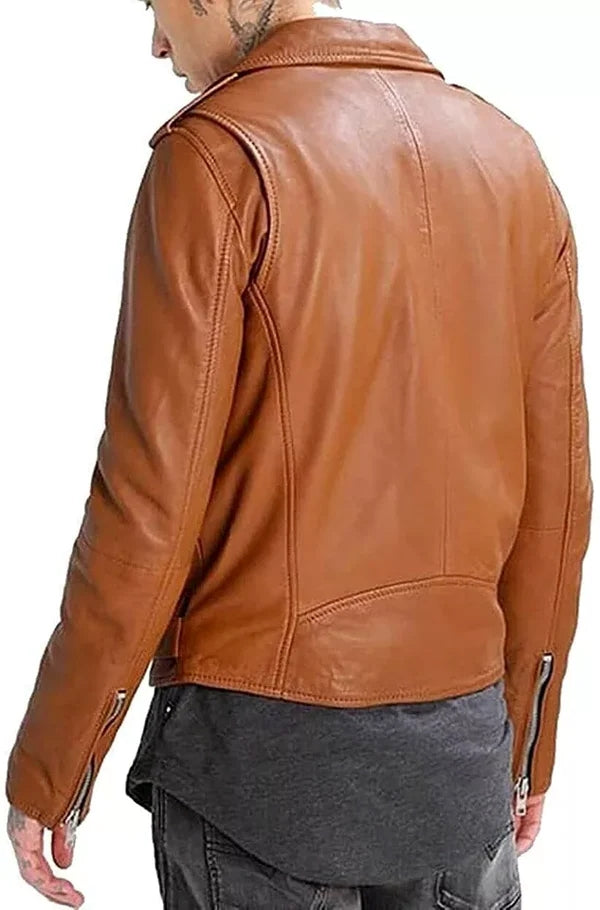 Men’s Lambskin Tan Leather Motorcycle Jacket MJ062