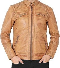 Men’s Beige Lambskin Leather Motorcycle Jacket MJ063