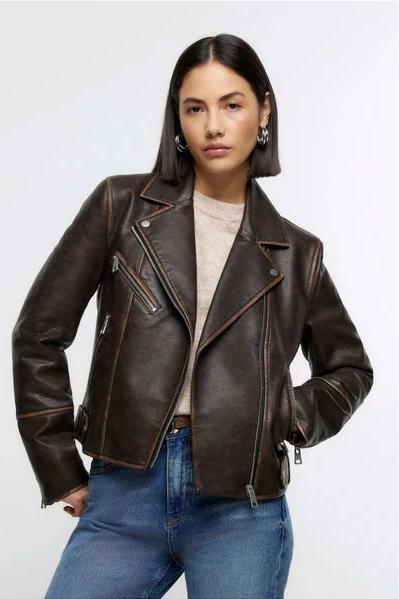 Women’s Lambskin Rub Off Dark Brown Leather Jacket WJ073