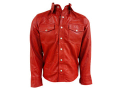 Men's Red Leather Slim Fit Shirt with Snap Button Accents MS03