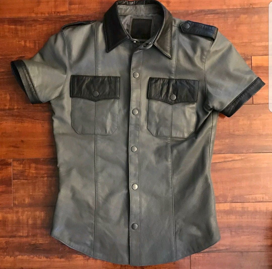 Men's Gray Short Sleeve Leather Shirt MS25