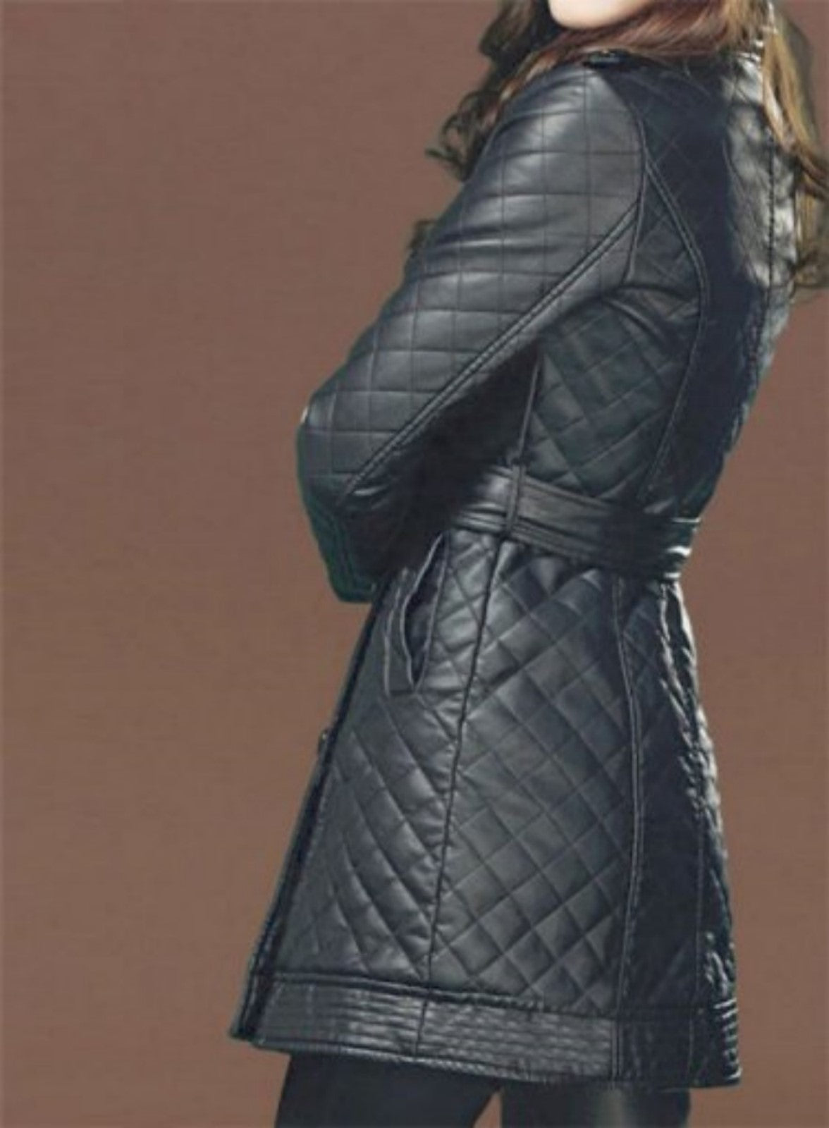 Women's Quilted Double Breasted Leather Trench Coat TC23