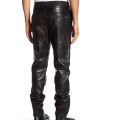 Men's Black Leather Ribbed Long Pants MP16