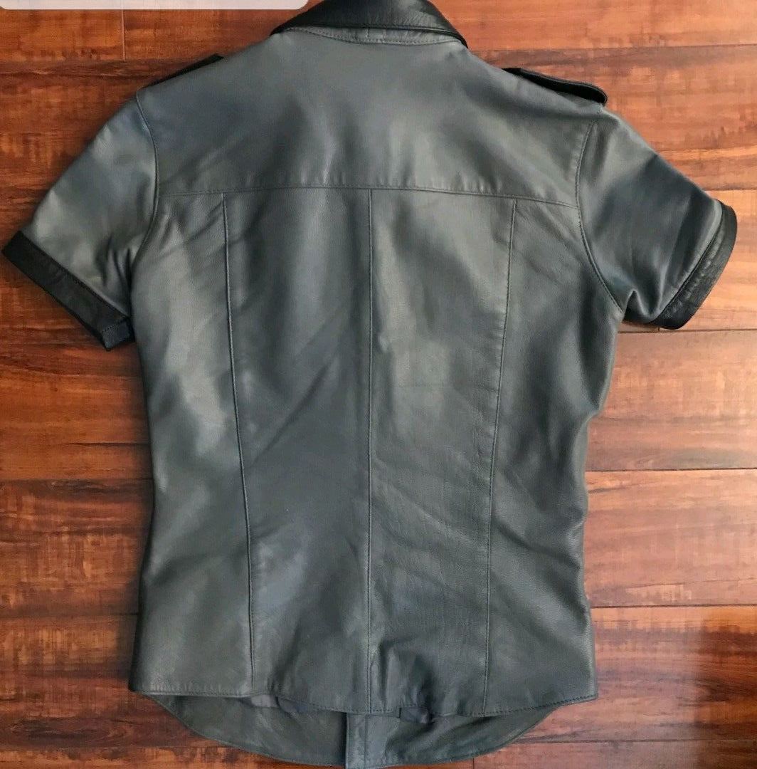 Men's Gray Short Sleeve Leather Shirt MS25