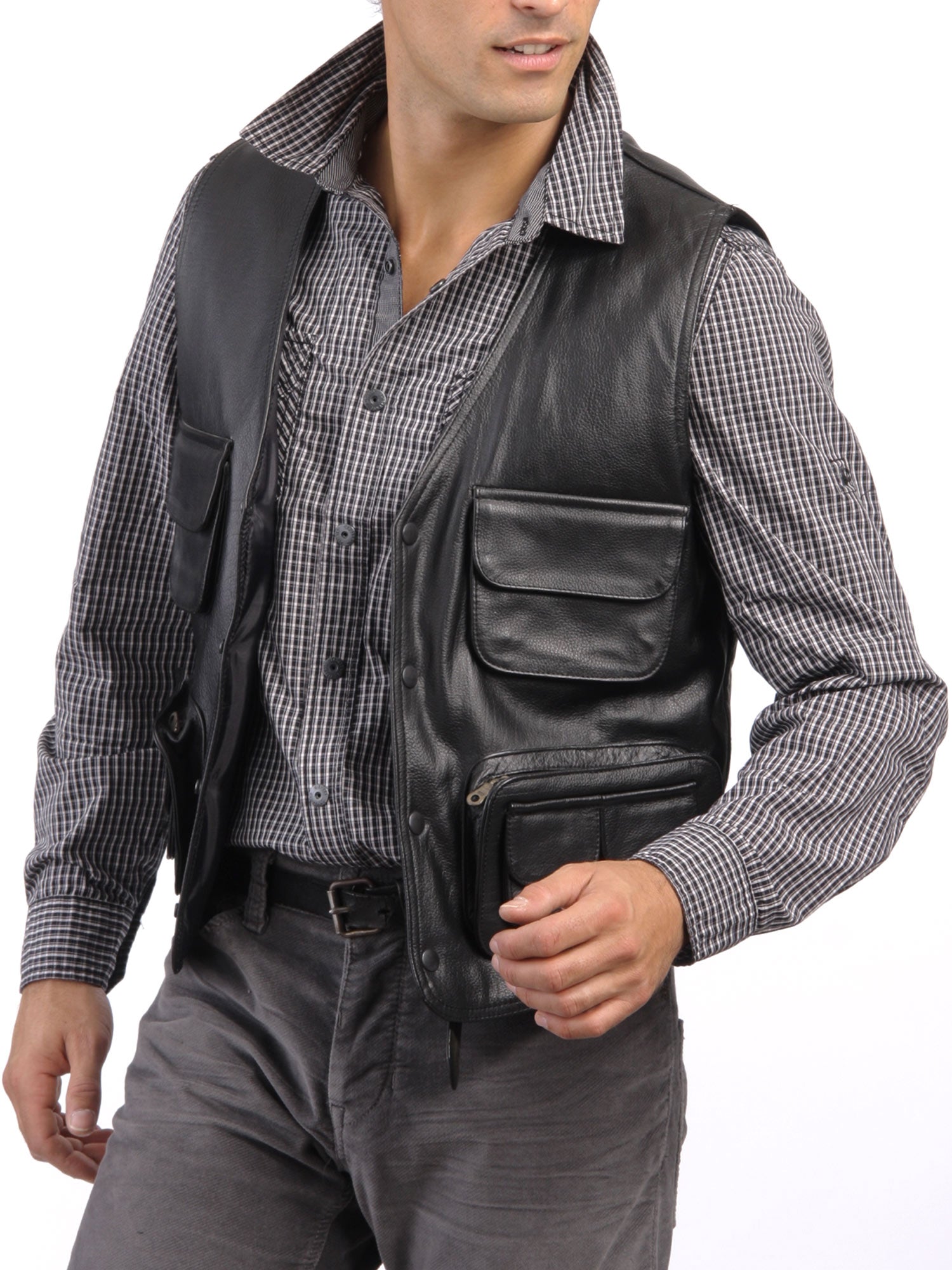 Men's Rugged Leather Vest with Utility Pockets MV06