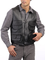 Men's Rugged Leather Vest with Utility Pockets MV06