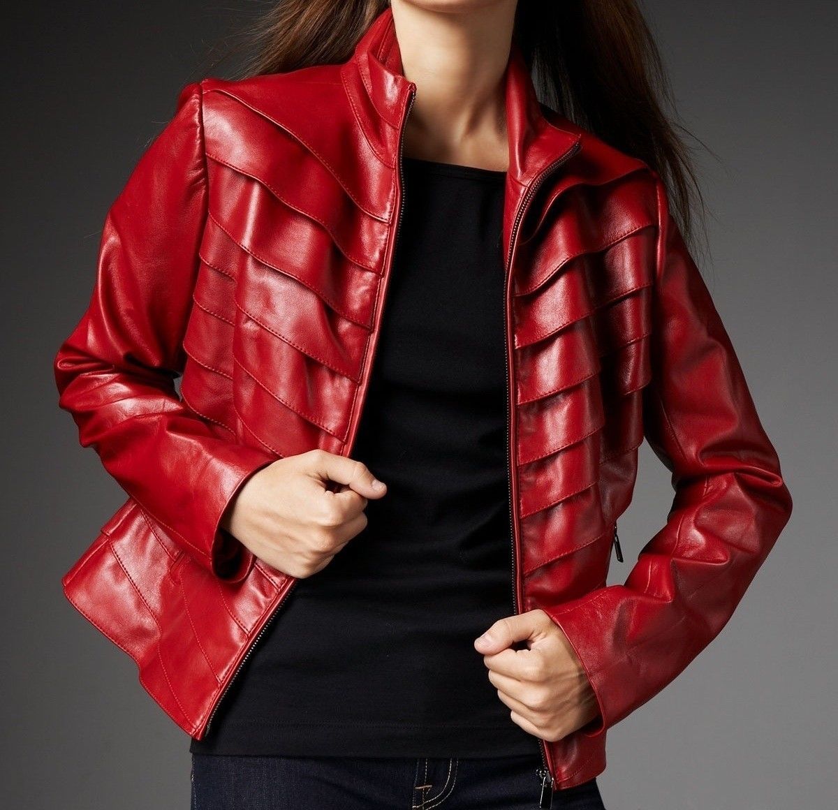 Women's Red Stylish Genuine Leather Jacket WJ021