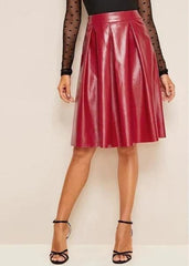 Women’s Lambskin Red Leather Knee Length Bell Skirt WS40