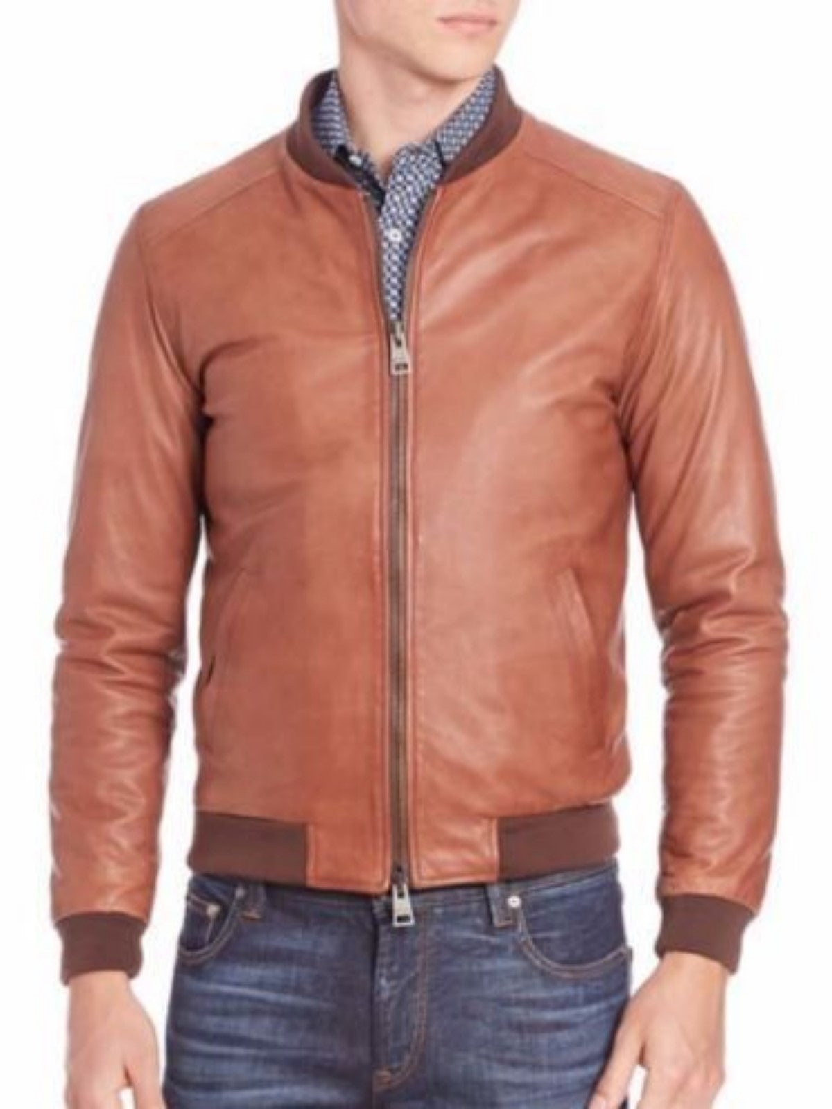 Men's Brown Leather Ribbed Bomber Jacket MZ12